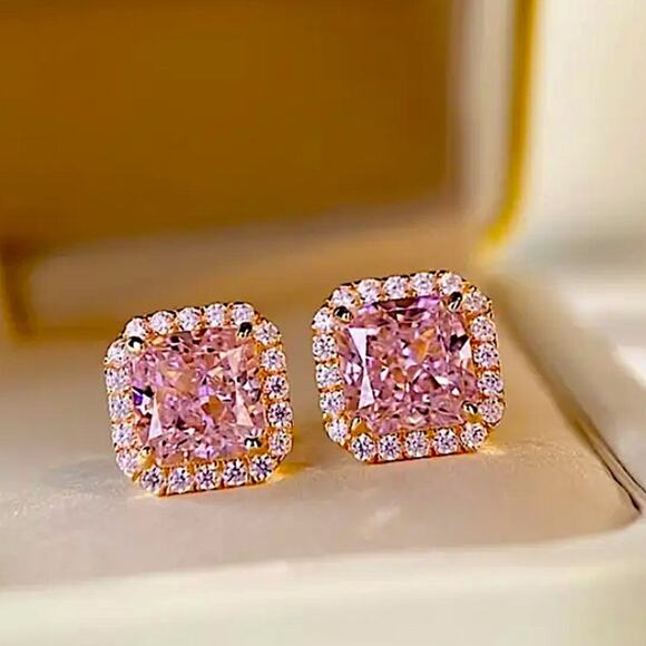 Pink Gemstone Zircon Stud Earrings, Wedding, Bridal, Anniversary - Picture 5 of 7